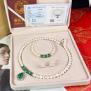 Green Chalcedony Pendant Pearl Necklace White Pearl Bracelet Set 128750