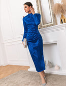 Mock Neck Jacquard Split Hem Satin Dress SHN656 - TUZZUT Qatar Online Shopping