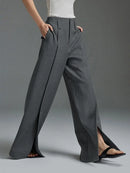 Loose Wide Leg High-Waisted Pleated Split-Front Pants Trousers 124092 - TUZZUT Qatar Online Shopping