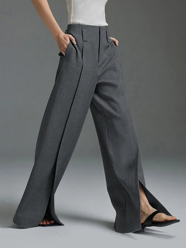 Loose Wide Leg High-Waisted Pleated Split-Front Pants Trousers 124092