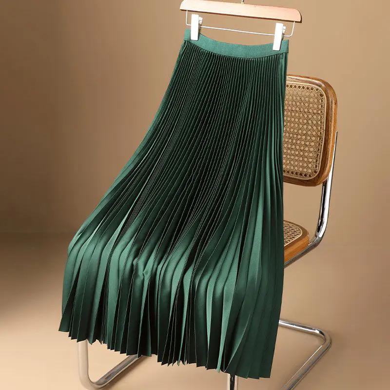 Elegant Satin Long Pleated Skirt Woman Spring Summer Elastic Waist S4413609