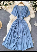 Summer Vintage V-neck Single Breasted Midi Dress 443971 - TUZZUT Qatar Online Shopping