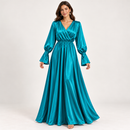 Women’s Teal Satin-Effect Long-Sleeve Maxi Dress D-18