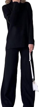 Casual Two-Piece Set,Women Casual Long Sleeve High Neck Knitted Sweater Wide Leg Pant Sweatsuit Lounge Sets   B196966 - TUZZUT Qatar Online Shopping