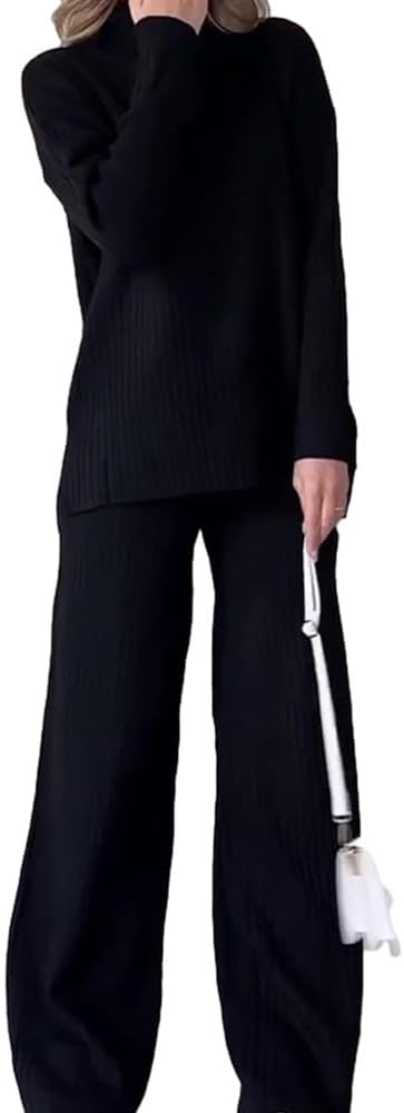 Casual Two-Piece Set,Women Casual Long Sleeve High Neck Knitted Sweater Wide Leg Pant Sweatsuit Lounge Sets B196966 Casual Two-Piece Set,Women Casual Long Sleeve High Neck Knitted Sweater Wide Leg Pant Sweatsuit Lounge Sets B196966