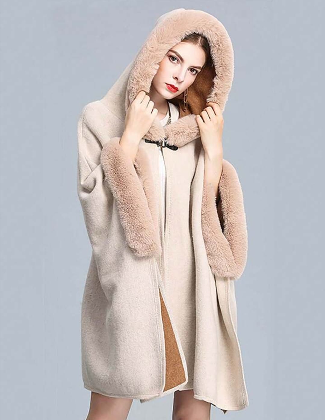 Women's Luxury Batwing Sleeve Faux Fur Hooded Cloak Poncho Sweater Cape 57459 Women's Luxury Batwing Sleeve Faux Fur Hooded Cloak Poncho Sweater Cape 57459