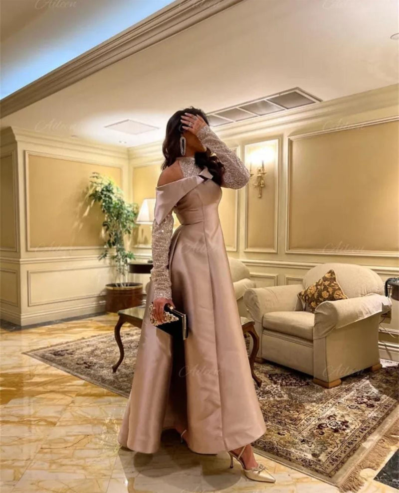 Aileen Satin Long Luxury Evening Dresses for Women Champagne Woman's Evening Dress Shoulder Shiny Robe Prom Dresses K1N2Y0 - Tuzzut.com Qatar Online Shopping