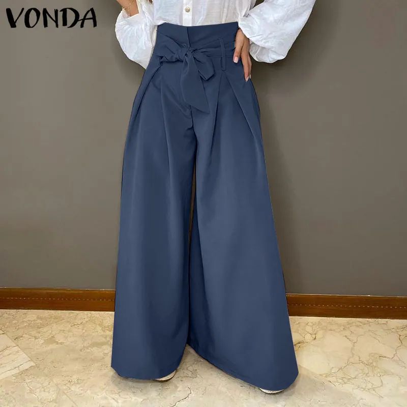 Women Elegant Office Ladies Pants VONDA High Waist Bow Long Trousers Wide Leg Pants Palazzo Pants Pantalon Femme S3678041 - Tuzzut.com Qatar Online Shopping