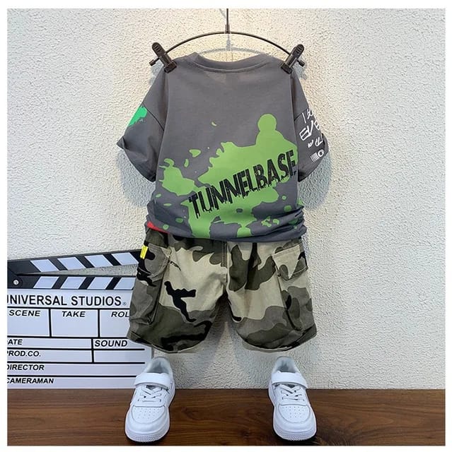New summer casual Boys 2 Pieces Clothing Set short sleeves cartoon printed shirt + camouflage shorts clothing set for kids S4514944 - Tuzzut.com Qatar Online Shopping