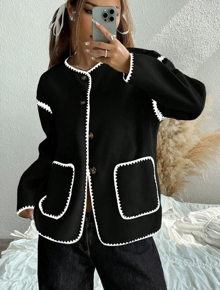 Women Casual Colorblock Trim Dual Pocket Jacket B195915 Women Casual Colorblock Trim Dual Pocket Jacket B195915