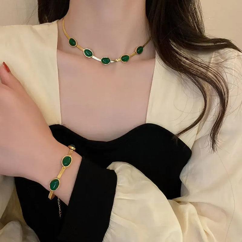Green Crystal Necklace Bracelet Jewelry Set DN2072 - TUZZUT Qatar Online Shopping