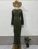 WomenLong Sleeve O Neck Lace Up Folds Evening Long Dress   B-375101 - TUZZUT Qatar Online Shopping