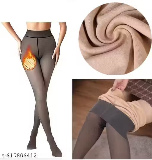 Women Thermal Fleece Dual Tone Tights Fake Translucent High Waist Winter  Leggings  27434 - TUZZUT Qatar Online Shopping