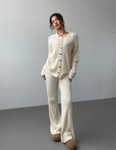Women's Autumn/Winter Ribbed Cardigan Jacket with Metal Buttons and High Waist Knitted Pants with Turn-down Collar, Two-Piece    S475569 - TUZZUT Qatar Online Shopping