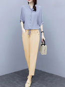 2 Pcs Women's Short Sleeve Solid Color Pants Set M 434357 - TUZZUT Qatar Online Shopping