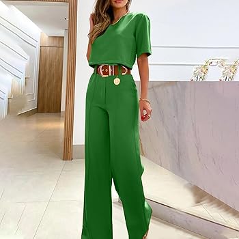 Women's 2 Piece Business Casual Outfits Solid Color Pants Sets Short Sleeve Crop Top and Wide Leg Dress Pants B306776 Women's 2 Piece Business Casual Outfits Solid Color Pants Sets Short Sleeve Crop Top and Wide Leg Dress Pants B306776