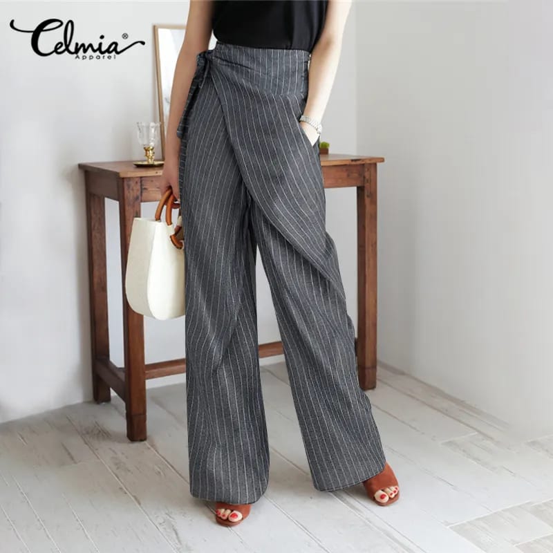 Celmia Women's Wide Leg Cotton Palazzo Pants High Waist Belted Pants Striped Pants 3XL S2390822 - Tuzzut.com Qatar Online Shopping