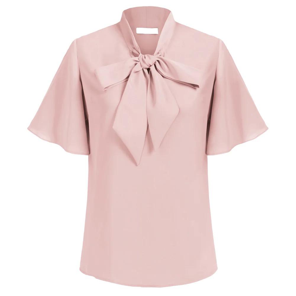 Bow-Knot Decorated Pullover Shirt Short Flounce Sleeve Women'S Blouses Casual Loose Fit Top S4468726 Bow-Knot Decorated Pullover Shirt Short Flounce Sleeve Women'S Blouses Casual Loose Fit Top S4468726