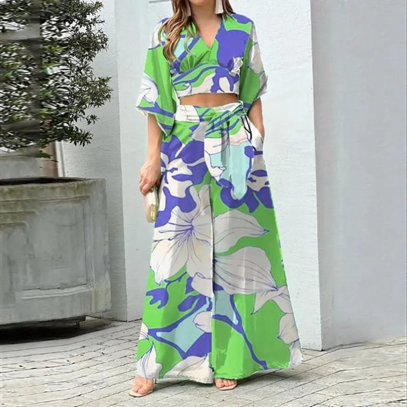 European and American Women's Print Casual Suit V-neck Lantern Sleeve Short Top And High Waist Wide Leg Pants Two Piece Set 2XL B-55590 - Tuzzut.com Qatar Online Shopping