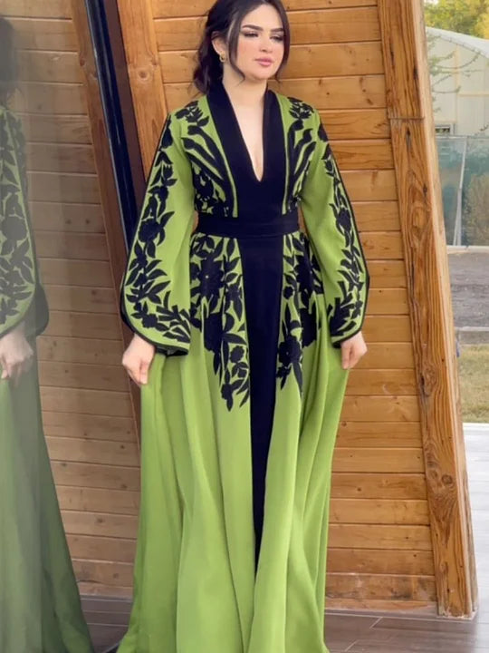 A-line Flared Sleeves Printed Tied Waist V-neck Maxi Dresses 149660 A-line Flared Sleeves Printed Tied Waist V-neck Maxi Dresses 149660