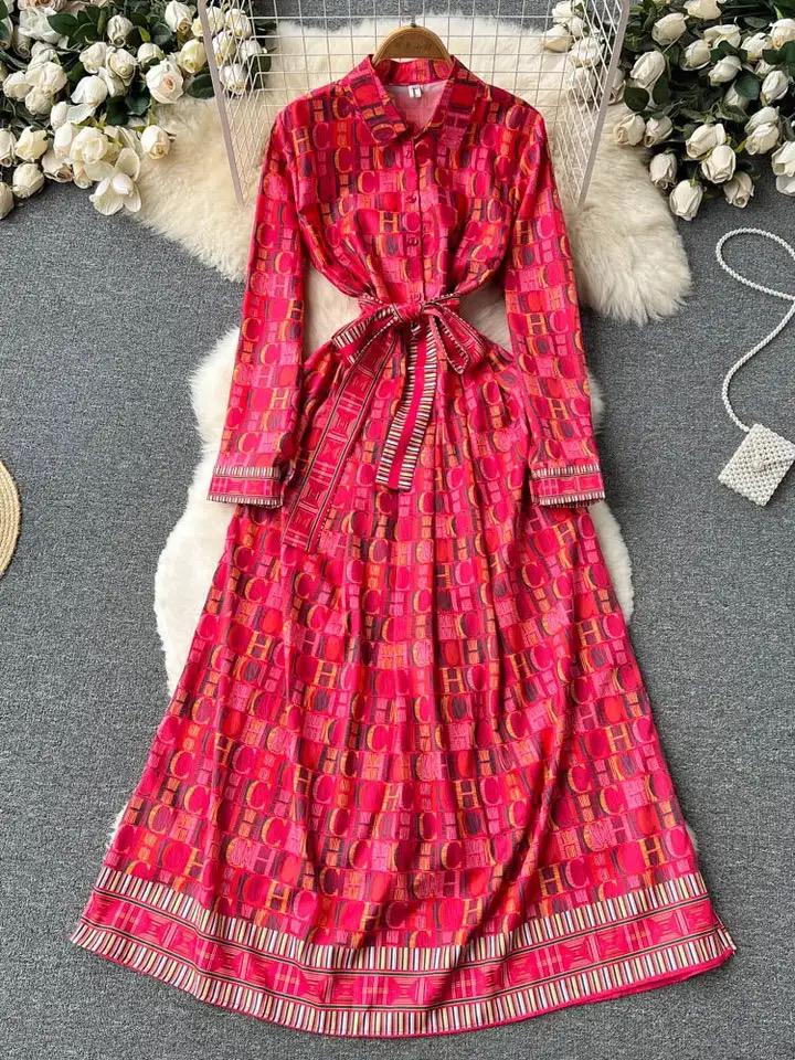 Autumn Fashion Letters Print Red Vintage Maxi Dress Women Long Sleeve M S4602171