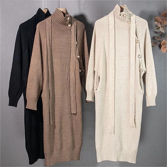 Turtleneck Sweater Dress Women Casual Loose Solid Buttons Pullover Belt Robe Femme Autumn Knitted Maxi Dress B890123 Turtleneck Sweater Dress Women Casual Loose Solid Buttons Pullover Belt Robe Femme Autumn Knitted Maxi Dress B890123