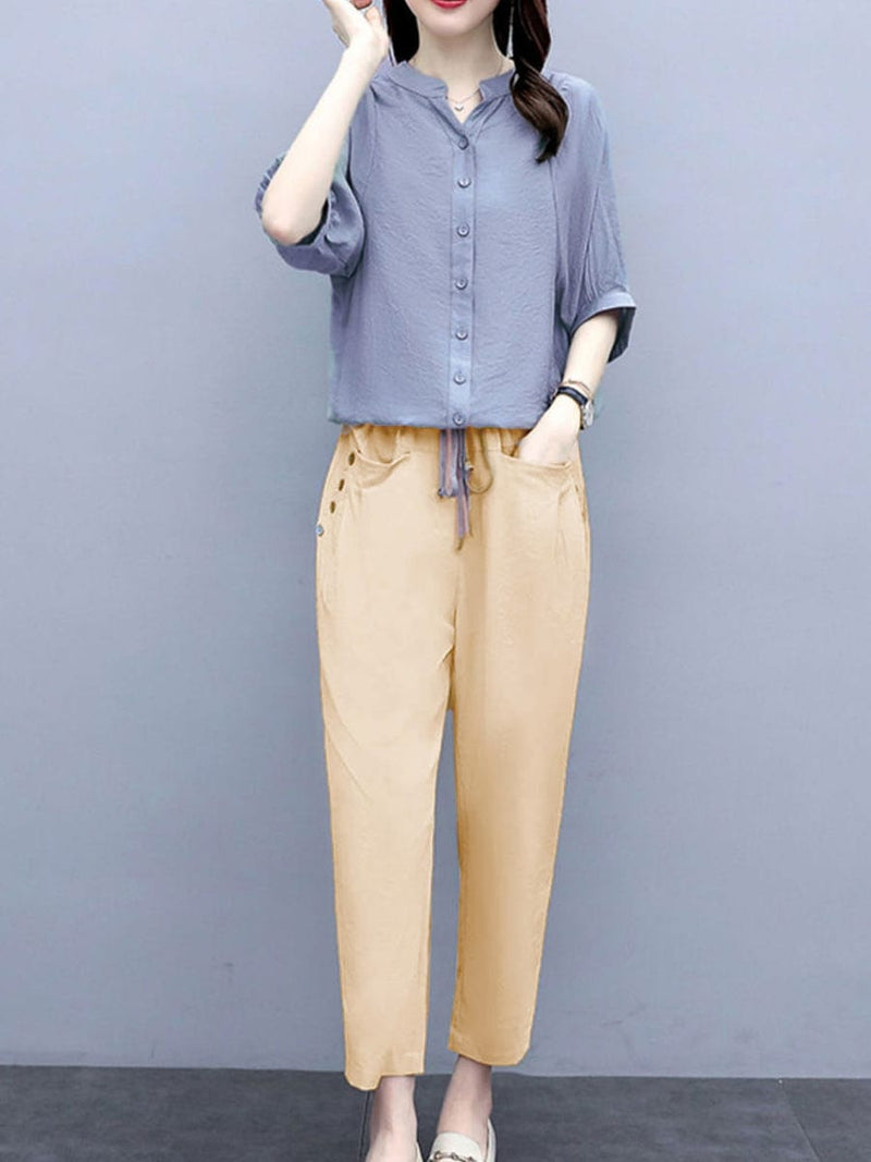 2 Pcs Women's Short Sleeve Solid Color Pants Set M 434357