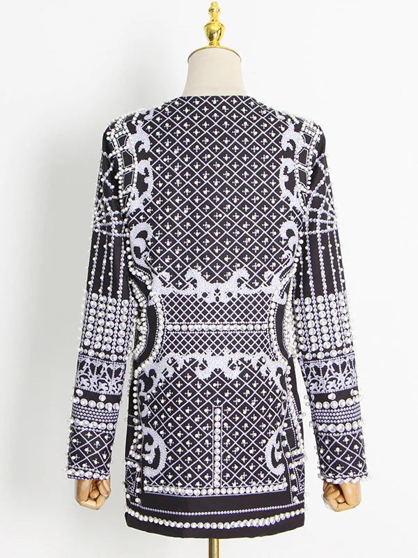 Original Creation Loose Long Sleeves Beads Printed V-Neck Blazer Outerwear 111148 Original Creation Loose Long Sleeves Beads Printed V-Neck Blazer Outerwear 111148