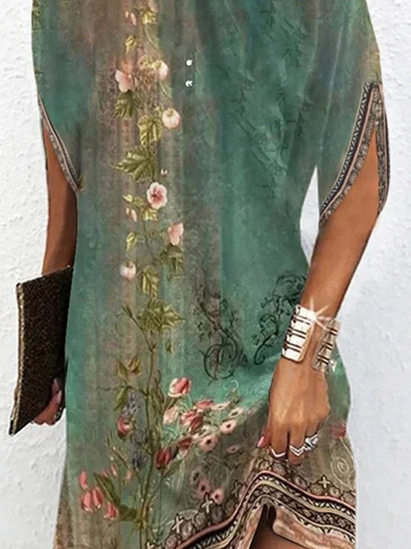 Batwing Sleeves Loose Flower Print Round-Neck Mini Dresses 124980 - M Batwing Sleeves Loose Flower Print Round-Neck Mini Dresses 124980 - M