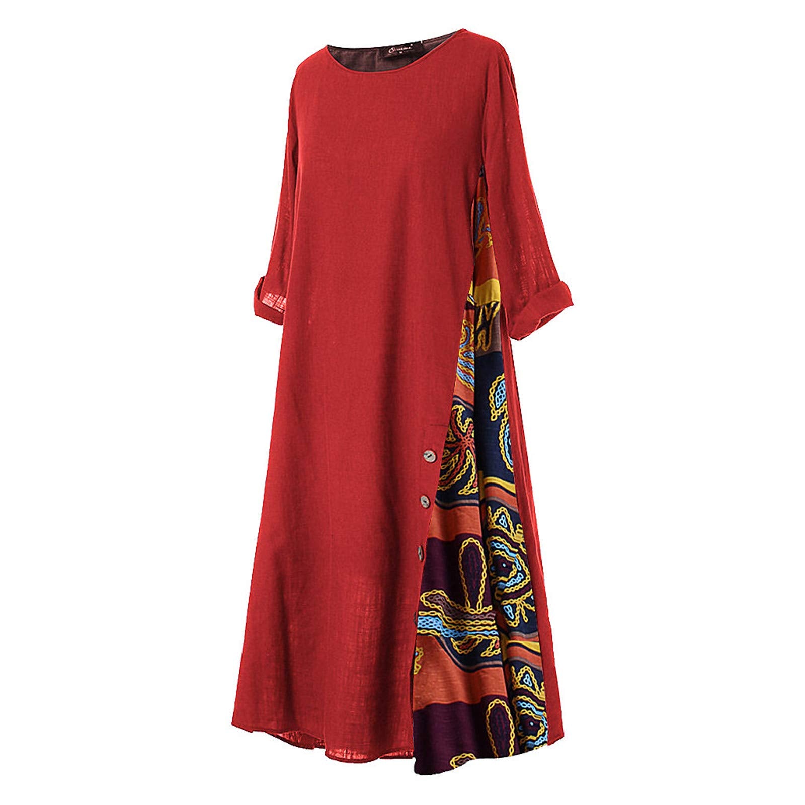 Women's Dress 3/4 Sleeve Patchwork Floral Print O-Neck Button Plus P-8745 Women's Dress 3/4 Sleeve Patchwork Floral Print O-Neck Button Plus P-8745