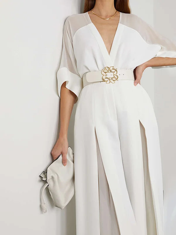 Solid color contrast v-neck jumpsuit with high waist front 164869 Solid color contrast v-neck jumpsuit with high waist front 164869