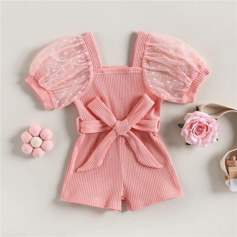 Toddler Kids Baby Girls Shorts Jumpsuit Summer Square Neck Ribbed Mesh Short Sleeve Romper Playsuit with Belt 3Y 20317209 - Tuzzut.com Qatar Online Shopping