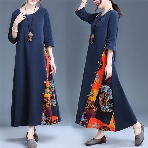 Women's Fashion Print Round Neck Long Dress B-160038 Women's Fashion Print Round Neck Long Dress B-160038