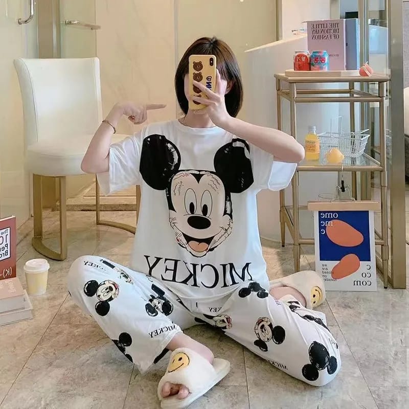 Disney Mickey White Women's Spring Summer Pajamas Set Three-piece Short Sleeve + Shorts + Trousers Soft And Comfortable Homewear L X4250045 Disney Mickey White Women's Spring Summer Pajamas Set Three-piece Short Sleeve + Shorts + Trousers Soft And Comfortable Homewear L X4250045