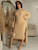 Belt Coral Fleece Women Long Cardigan Dress 2 Piece Set Autumn Full Sleeve Lapel Coat M B-32015 - Tuzzut.com Qatar Online Shopping