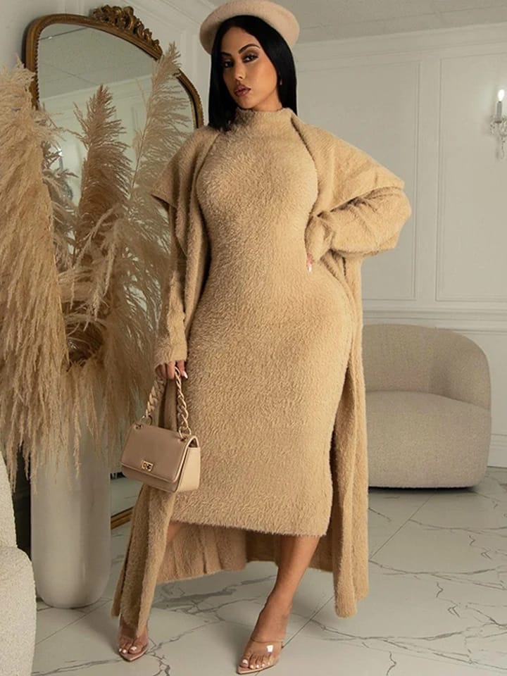 Belt Coral Fleece Women Long Cardigan Dress 2 Piece Set Autumn Full Sleeve Lapel Coat M B-32015 Belt Coral Fleece Women Long Cardigan Dress 2 Piece Set Autumn Full Sleeve Lapel Coat M B-32015