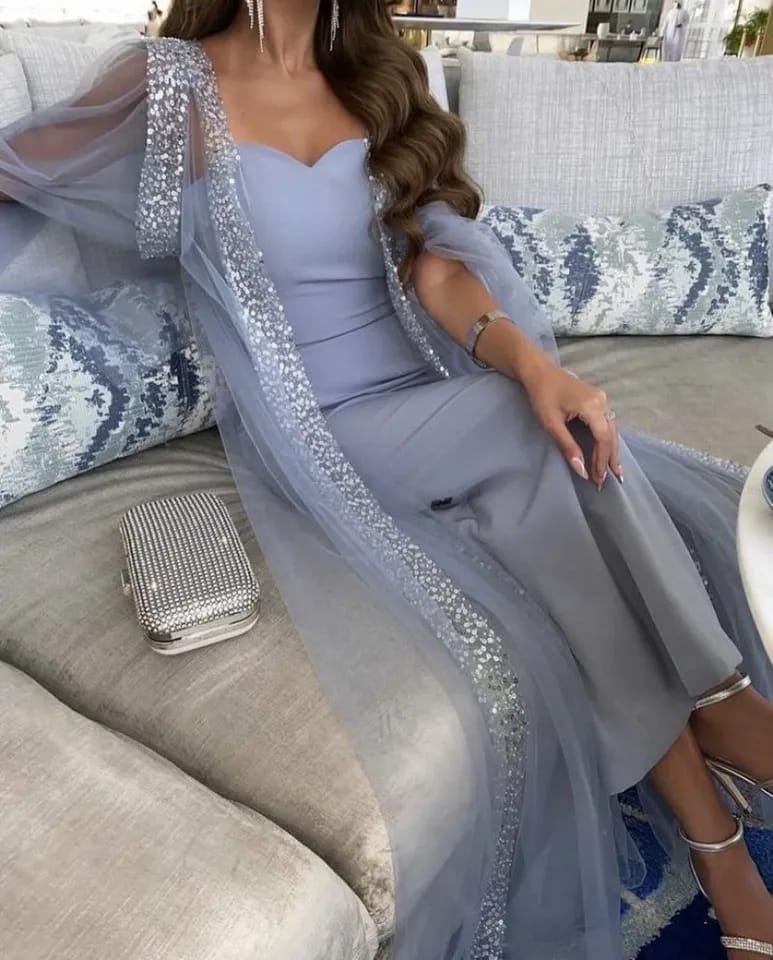 Grey Blue Arabia Prom Dresses Mermaid With Cape Sleeveless Ankle-Length Formal Dresses For Women Party Gown L 070634293 - Tuzzut.com Qatar Online Shopping
