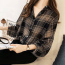Spring Autumn Vintage Classic Plaid Polo-neck Casual Blouse Femme Long Sleeve Loose Cardigan Shirt M X3497407 - TUZZUT Qatar Online Shopping
