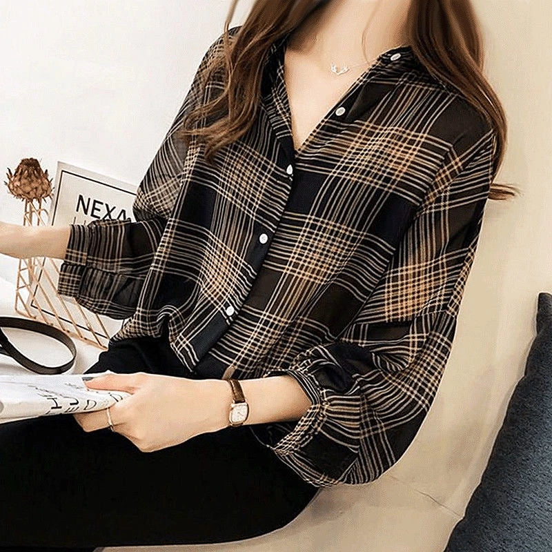 Spring Autumn Vintage Classic Plaid Polo-neck Casual Blouse Femme Long Sleeve Loose Cardigan Shirt M X3497407 Spring Autumn Vintage Classic Plaid Polo-neck Casual Blouse Femme Long Sleeve Loose Cardigan Shirt M X3497407