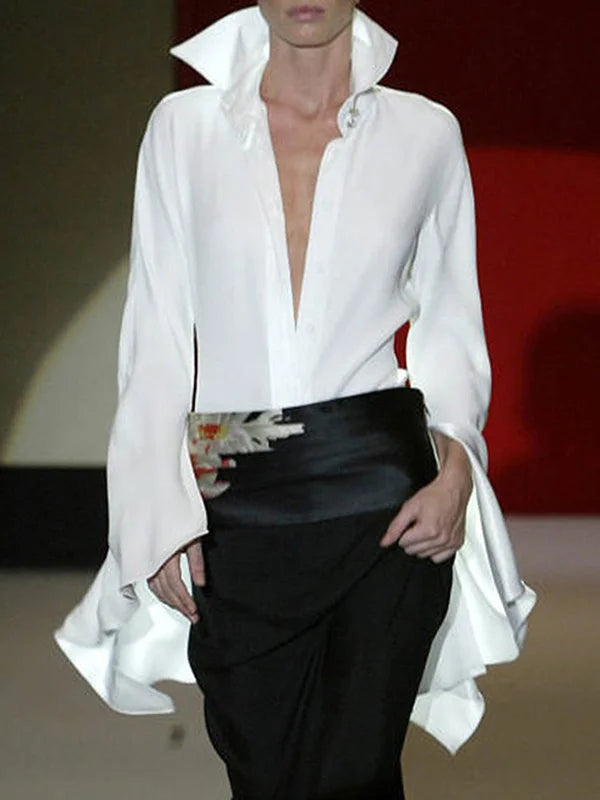 Long Sleeves Loose Floral Solid Color Lapel Blouses 125978 Long Sleeves Loose Floral Solid Color Lapel Blouses 125978