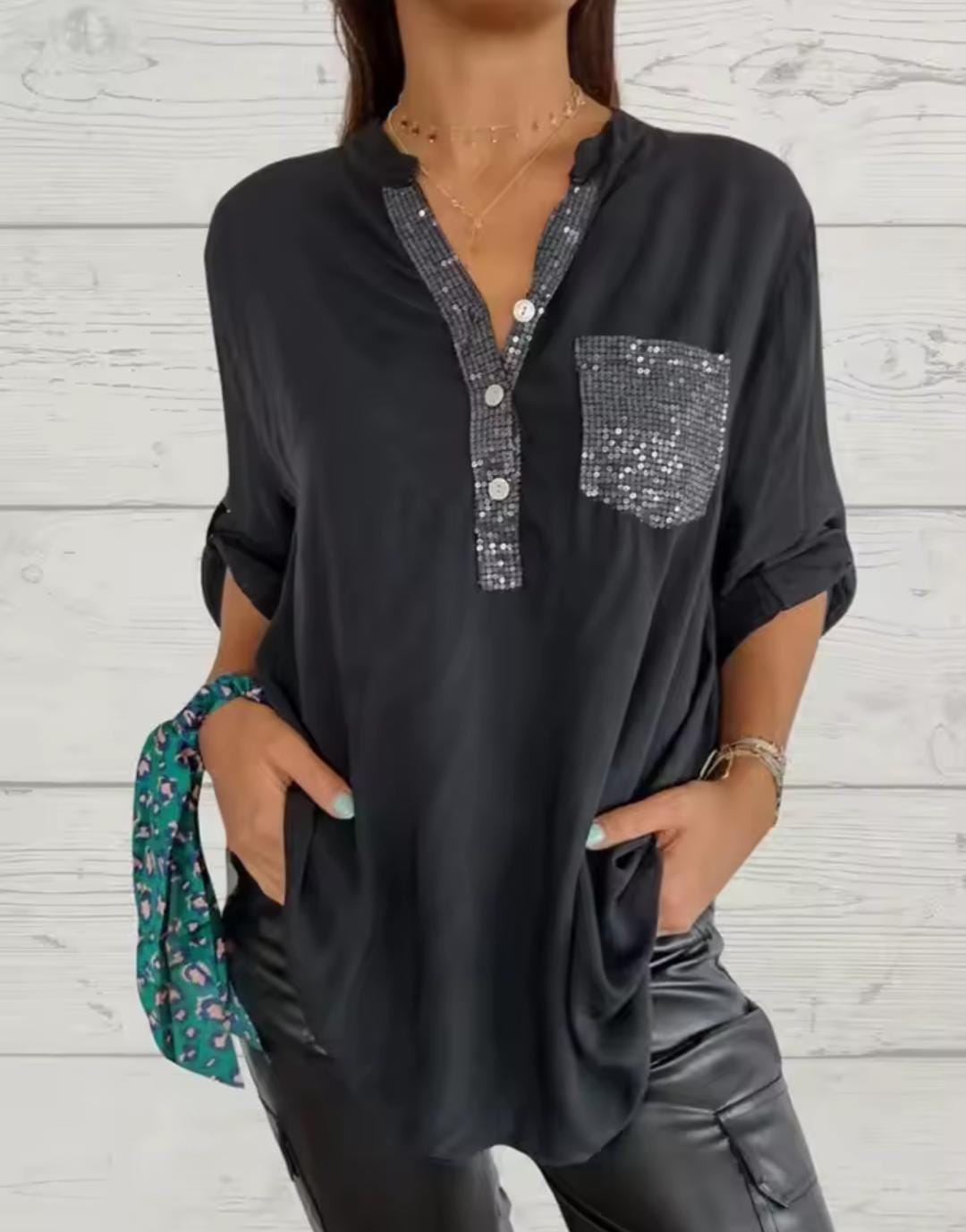 Women's Pocket Button Shirt Office V-Neck Long Sleeved Blouse B-283821 Women's Pocket Button Shirt Office V-Neck Long Sleeved Blouse B-283821