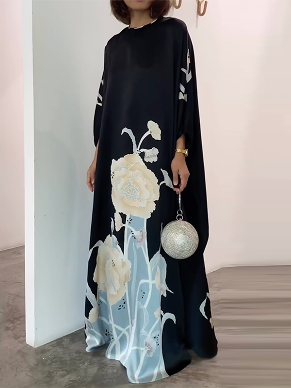 Cap Sleeve Loose Printed Round-Neck Maxi Dresses M 133499 Cap Sleeve Loose Printed Round-Neck Maxi Dresses M 133499