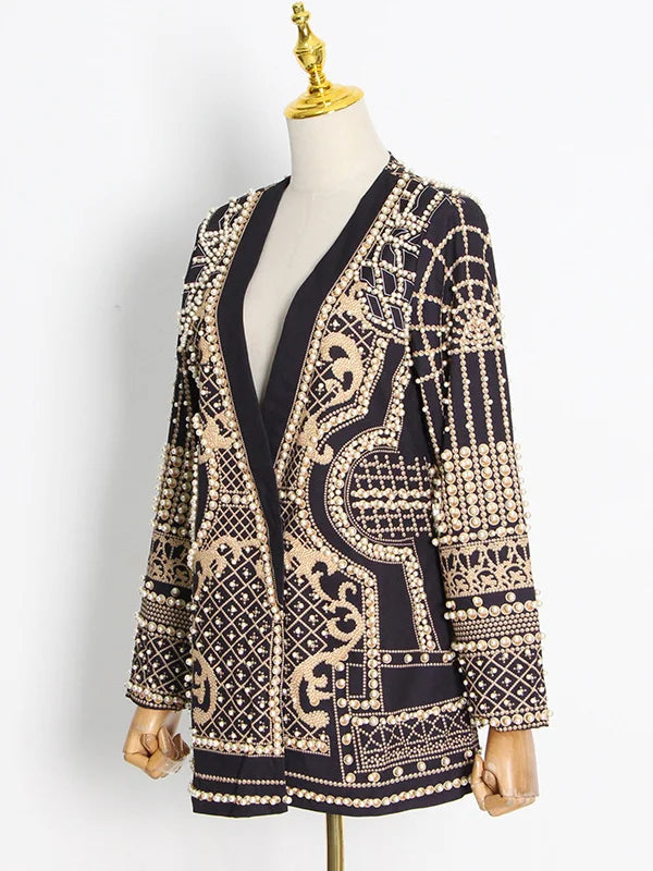 Original Creation Loose Long Sleeves Beads Printed V-Neck Blazer Outerwear 111148 Original Creation Loose Long Sleeves Beads Printed V-Neck Blazer Outerwear 111148