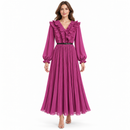 Purple Ruffle Pleated Maxi Dress with Slim Black Belt-D2