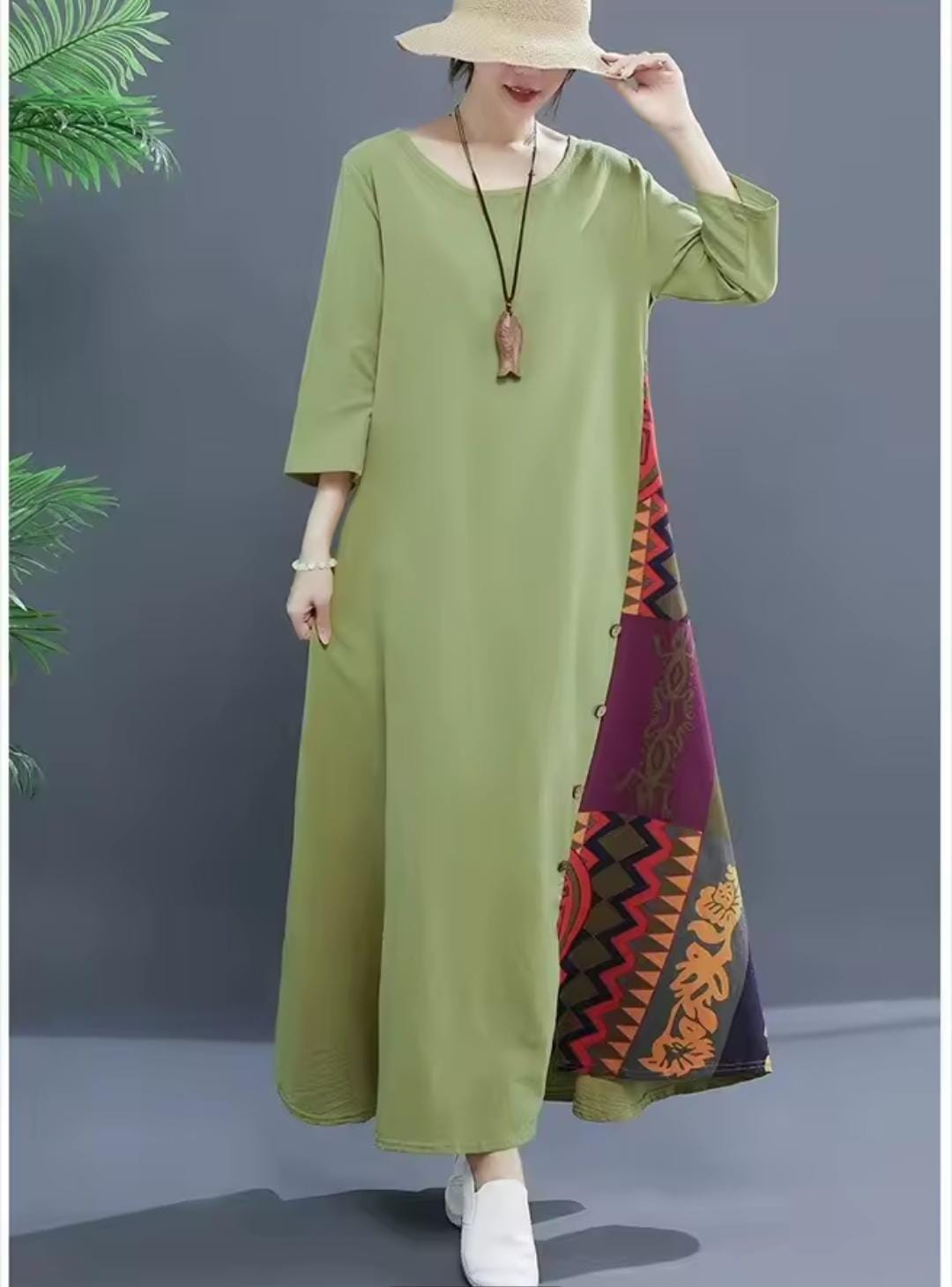 Women Loose Fit Floral Button Long Dress X494374