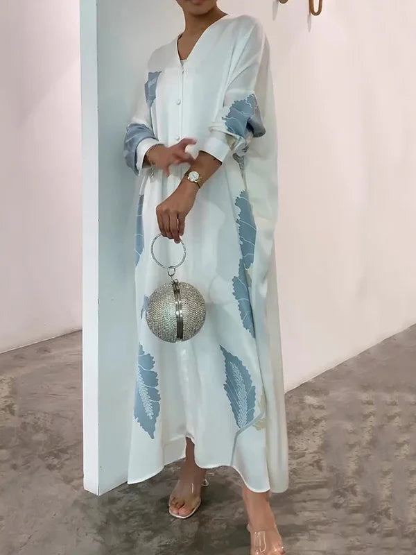 Long Sleeves Buttoned Flower&Leaves Print V-Neck Maxi Dress 133414 Long Sleeves Buttoned Flower&Leaves Print V-Neck Maxi Dress 133414