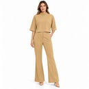 Women’s Camel Beige Mock-Neck Top & Flared Trousers Set-D6