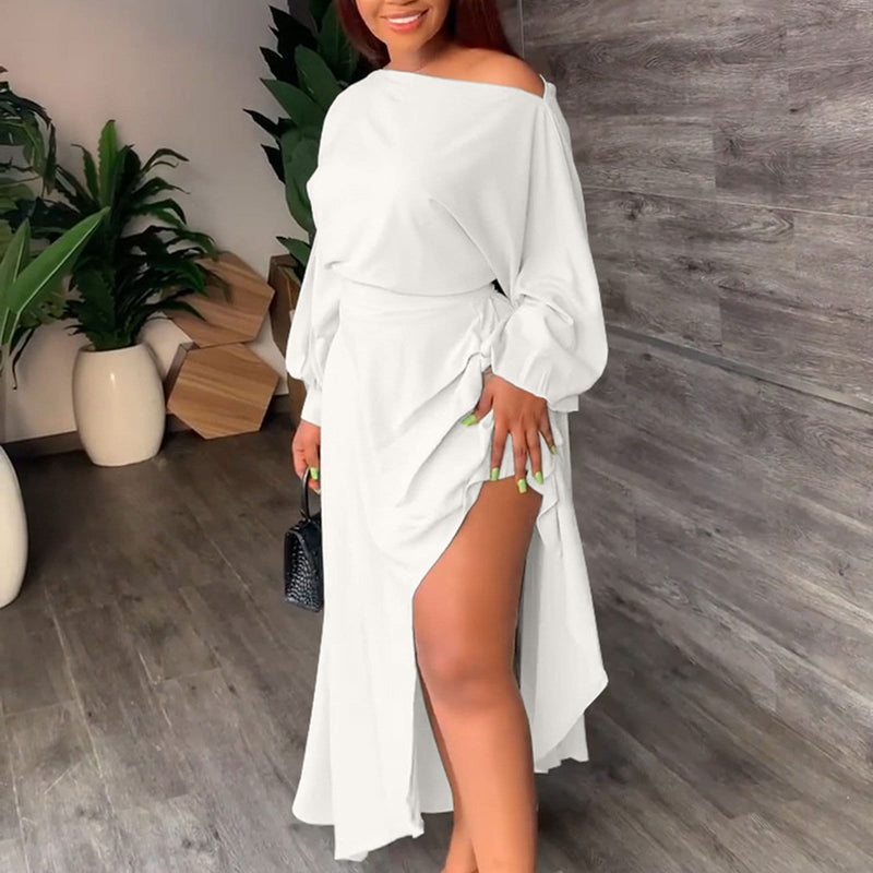 Women's Long Sleeve Off Shoulder Tops Two-Piece Dress   B89578 - TUZZUT Qatar Online Shopping