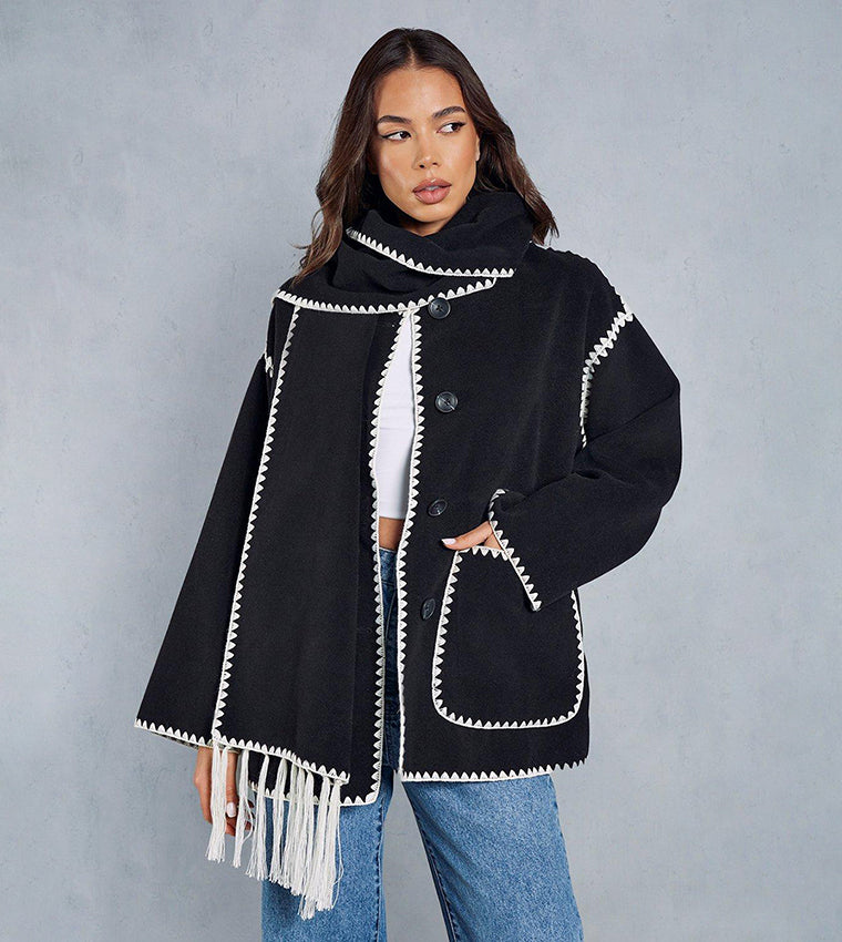 Black Trim Jacket With Matching Scarf 53923 - TUZZUT Qatar Online Shopping