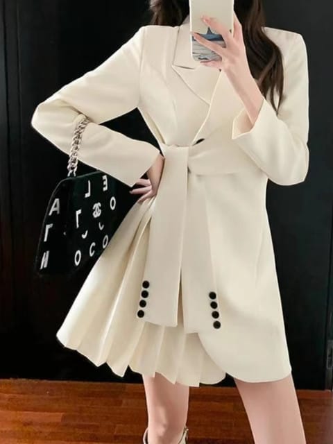 Female Lace Up Waist Long Sleeve Pleated Suit Dress S109348 Female Lace Up Waist Long Sleeve Pleated Suit Dress S109348